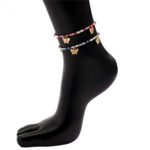 Vintage Alloy Butterfly Pendants Colorful Beads Two-layers Women Wholesale Anklet