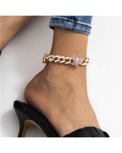 Bling Rhinestone Inserted Butterflies U.S. Fashion Women Wholesale Anklet - Golden with Violet