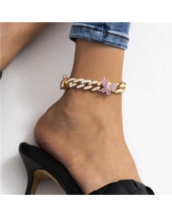 Bling Rhinestone Inserted Butterflies U.S. Fashion Women Wholesale Anklet - Golden with Violet