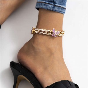 Bling Rhinestone Inserted Butterflies U.S. Fashion Women Wholesale Anklet - Golden with Violet