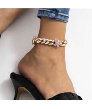 Bling Rhinestone Inserted Butterflies U.S. Fashion Women Wholesale Anklet - Golden with Violet