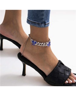 Bling Rhinestone Inserted Butterflies U.S. Fashion Women Wholesale Anklet - Silver with Blue