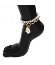Unique Design Alloy Chain and Pearl Combo Double-layers Wholesale Anklet - Golden