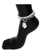Unique Design Alloy Chain and Pearl Combo Double-layers Wholesale Anklet - Silver