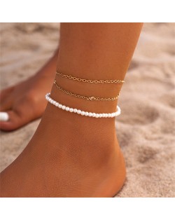 Mini Pearl Hearts Decorated Thin Chain Double-layers Women Beach Wholesale Anklet