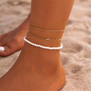 Mini Pearl Hearts Decorated Thin Chain Double-layers Women Beach Wholesale Anklet