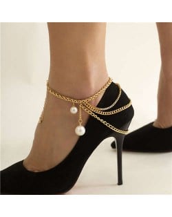 Elegant Pearl Pendant Fashion Tassel Women Alloy Anklet - Golden