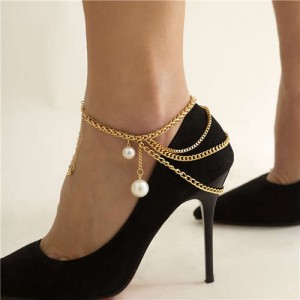 Elegant Pearl Pendant Fashion Tassel Women Alloy Anklet - Golden