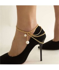 Elegant Pearl Pendant Fashion Tassel Women Alloy Anklet - Golden