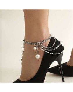 Elegant Pearl Pendant Fashion Tassel Women Alloy Anklet - Silver
