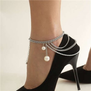 Elegant Pearl Pendant Fashion Tassel Women Alloy Anklet - Silver