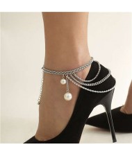 Elegant Pearl Pendant Fashion Tassel Women Alloy Anklet - Silver