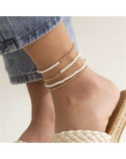Mini Pearl and Alloy Chain Combo Multi-layers Women Beach Fashion Anklet - Golden