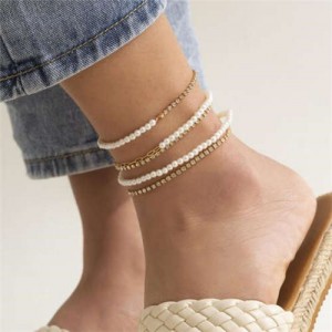 Mini Pearl and Alloy Chain Combo Multi-layers Women Beach Fashion Anklet - Golden