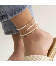 Mini Pearl and Alloy Chain Combo Multi-layers Women Beach Fashion Anklet - Golden