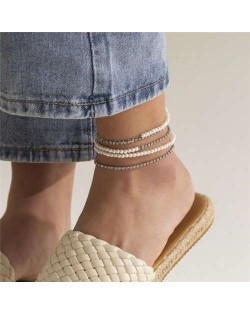 Mini Pearl and Alloy Chain Combo Multi-layers Women Beach Fashion Anklet - Silver