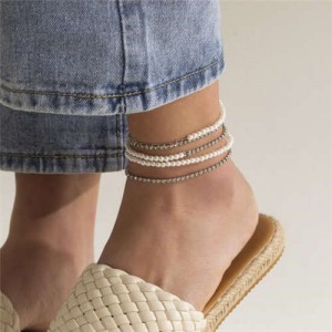 Mini Pearl and Alloy Chain Combo Multi-layers Women Beach Fashion Anklet - Silver