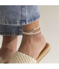 Mini Pearl and Alloy Chain Combo Multi-layers Women Beach Fashion Anklet - Silver