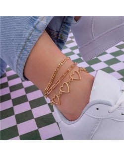 Hip-hop Style Hollow-out Hearts Alloy Chain Three Layers Women Fashion Wholesale Anklet - Golden
