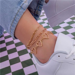 Hip-hop Style Hollow-out Hearts Alloy Chain Three Layers Women Fashion Wholesale Anklet - Golden