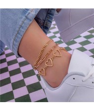 Hip-hop Style Hollow-out Hearts Alloy Chain Three Layers Women Fashion Wholesale Anklet - Golden