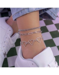 Hip-hop Style Hollow-out Hearts Alloy Chain Three Layers Women Fashion Wholesale Anklet - Silver