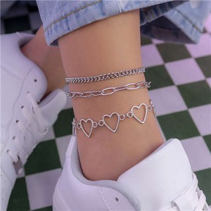 Hip-hop Style Hollow-out Hearts Alloy Chain Three Layers Women Fashion Wholesale Anklet - Silver