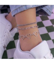 Hip-hop Style Hollow-out Hearts Alloy Chain Three Layers Women Fashion Wholesale Anklet - Silver