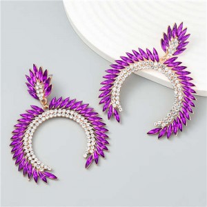Trendy Catwalk Style Sparkling Rhinestone Moon Shape Exaggerated Women Wholesale Earrings - Purple