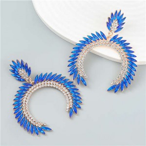 Trendy Catwalk Style Sparkling Rhinestone Moon Shape Exaggerated Women Wholesale Earrings - Blue