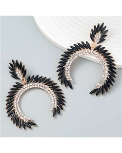 Trendy Catwalk Style Sparkling Rhinestone Moon Shape Exaggerated Women Wholesale Earrings - Black