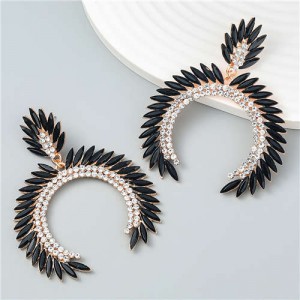 Trendy Catwalk Style Sparkling Rhinestone Moon Shape Exaggerated Women Wholesale Earrings - Black
