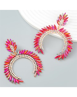 Trendy Catwalk Style Sparkling Rhinestone Moon Shape Exaggerated Women Wholesale Earrings - Red