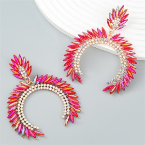 Trendy Catwalk Style Sparkling Rhinestone Moon Shape Exaggerated Women Wholesale Earrings - Red