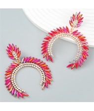 Trendy Catwalk Style Sparkling Rhinestone Moon Shape Exaggerated Women Wholesale Earrings - Red