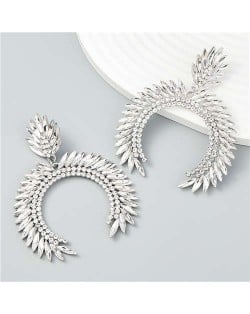 Trendy Catwalk Style Sparkling Rhinestone Moon Shape Exaggerated Women Wholesale Earrings - White