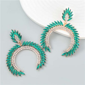 Trendy Catwalk Style Sparkling Rhinestone Moon Shape Exaggerated Women Wholesale Earrings - Green