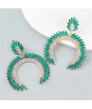 Trendy Catwalk Style Sparkling Rhinestone Moon Shape Exaggerated Women Wholesale Earrings - Green