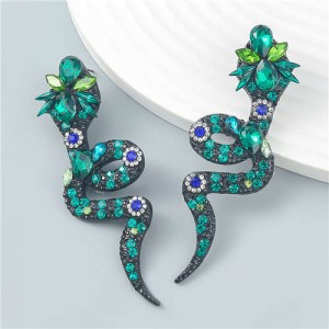 Bohemian Style Snake Shape Colorful Rhinestone Women Statement Wholesale Earrings - Green