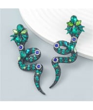 Bohemian Style Snake Shape Colorful Rhinestone Women Statement Wholesale Earrings - Green