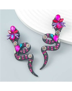 Bohemian Style Snake Shape Colorful Rhinestone Women Statement Wholesale Earrings - Rose