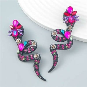 Bohemian Style Snake Shape Colorful Rhinestone Women Statement Wholesale Earrings - Rose