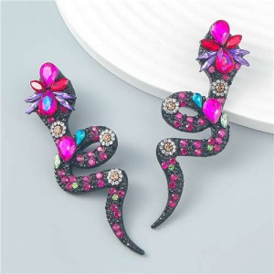 Bohemian Style Snake Shape Colorful Rhinestone Women Statement Wholesale Earrings - Rose
