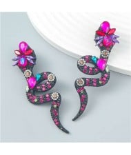 Bohemian Style Snake Shape Colorful Rhinestone Women Statement Wholesale Earrings - Rose