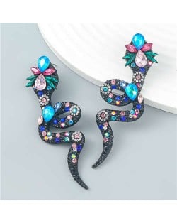 Bohemian Style Snake Shape Colorful Rhinestone Women Statement Wholesale Earrings - Blue