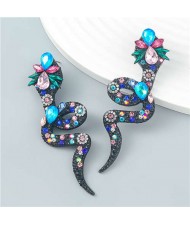 Bohemian Style Snake Shape Colorful Rhinestone Women Statement Wholesale Earrings - Blue