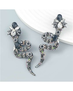 Bohemian Style Snake Shape Colorful Rhinestone Women Statement Wholesale Earrings - Black