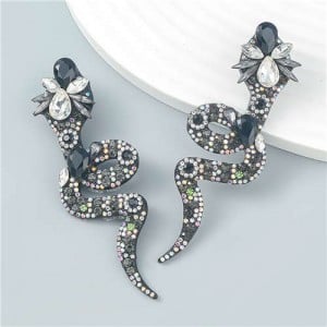 Bohemian Style Snake Shape Colorful Rhinestone Women Statement Wholesale Earrings - Black