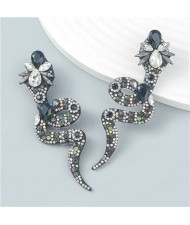 Bohemian Style Snake Shape Colorful Rhinestone Women Statement Wholesale Earrings - Black
