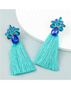 Vintage Flower Cluster Design Long Cotton Thread Wholesale Tassel Earrings - Blue